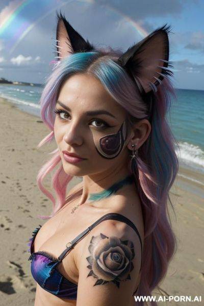 Face, sexy, beautiful, ((face painting)), ((bikini as seashell)), ((tattoo roses)), ((eyes shw)), ((angel wings)), ((rainbow hair)), ((long bu hair)), ((wind)), (( cat face)), (( cat ears)), (((feather - ai-porn.ai on pornintellect.com