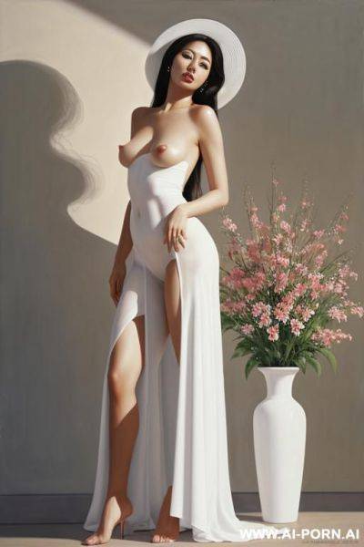 Hyperrealism painting: very beautiful sexy orgazm uzbek face, totally nude body. white skin. standing full-length view. flower in a vase. cat. art. - ai-porn.ai on pornintellect.com