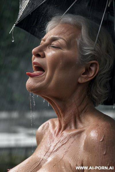 Downpour (raining very heavily, like a wall of water). monster (fantastic looking creature), very large monster, (monster has huge tongue) (terrible monster looks like devil), monster licks by his - ai-porn.ai on pornintellect.com