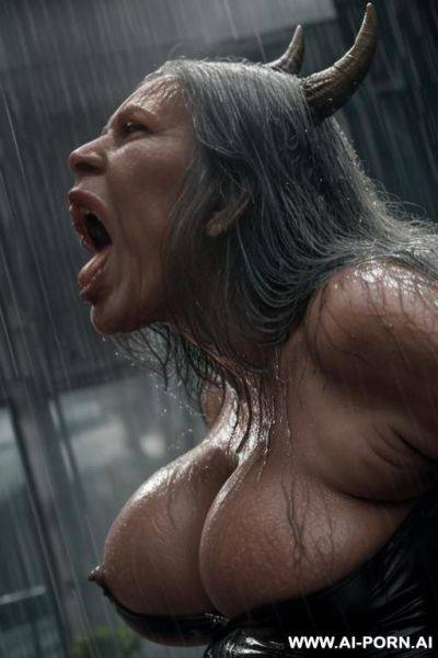 Downpour (raining very heavily, like a wall of water).two characters on the image. character a: very big (((monster!))) (fantastic looking creature) (terrible monster looks like devil) stands in - ai-porn.ai on pornintellect.com
