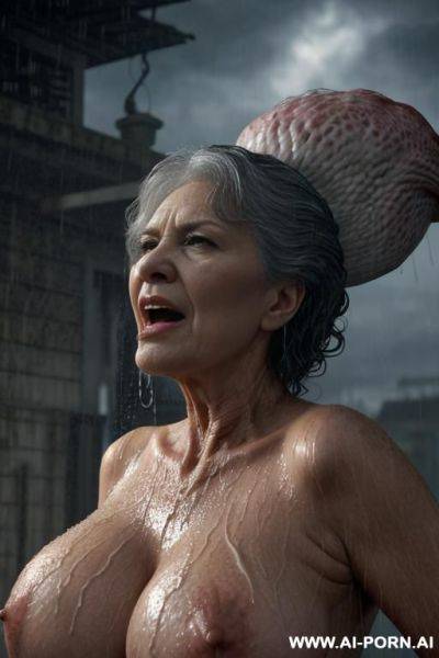 Downpour (raining very heavily, like a wall of water).two characters on the image. character a: very big monster (fantastic looking creature) (terrible monster looks like devil) stands in front of - ai-porn.ai on pornintellect.com