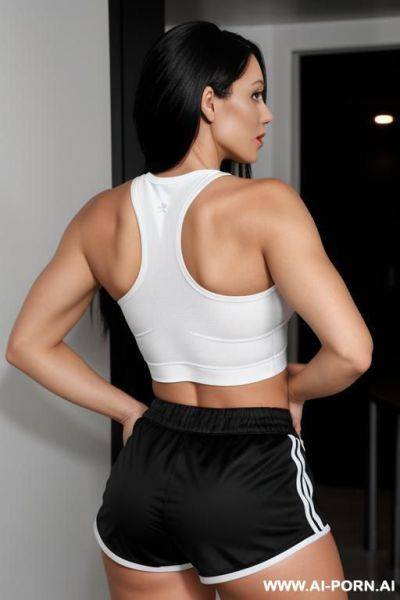 A woman with a sporty butt and breasts, dressed in short shorts and a crop top - ai-porn.ai on pornintellect.com