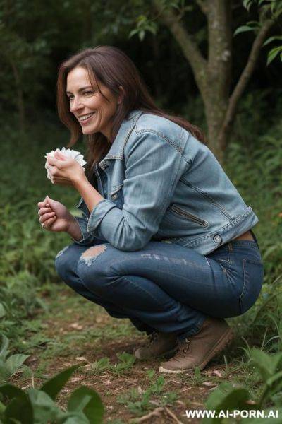 Farmerwoman, shirt, jeans, jacket squatting, bending over in underbrush besides field, holding tissues, smiling, side view - ai-porn.ai on pornintellect.com