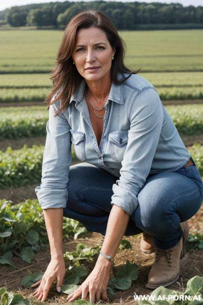 Farmer woman, shirt, jeans, squatting besides field - ai-porn.ai on pornintellect.com