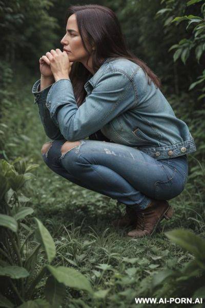 Farmer woman, shirt, jeans, jacket squatting in underbrush besides field, side view - ai-porn.ai on pornintellect.com