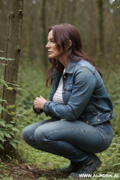 Workerwoman, shirt, jeans, jacket squatting in underbrush besides field, side view - ai-porn.ai on pornintellect.com