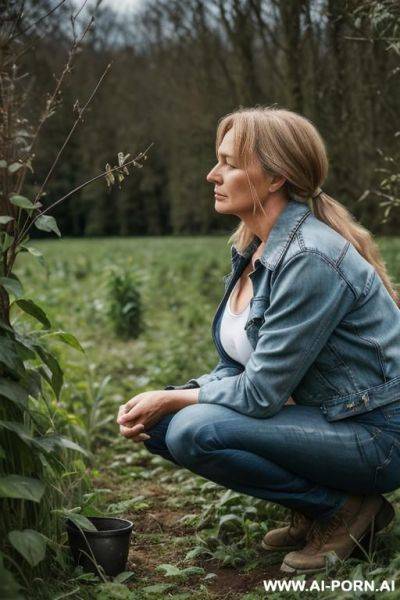Farmer woman, shirt, jeans, jacket squatting in underbrush besides field, hands on knees, bowed head, side view - ai-porn.ai on pornintellect.com