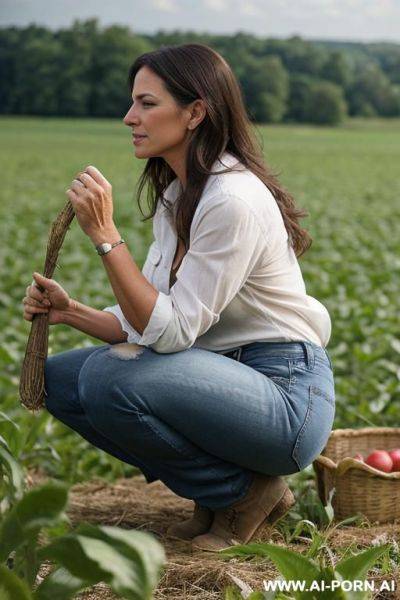 Farmer woman, shirt, jeans, squatting besides field, side view - ai-porn.ai on pornintellect.com