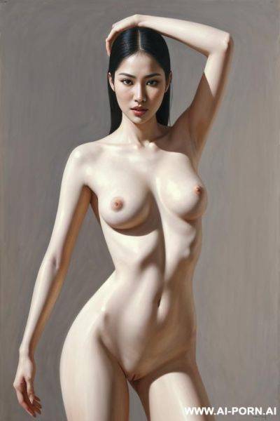 Hyperrealism painting: very beautiful sexy orgazm uzbek face, totally nude body. white skin. standing full-length view. holding his head with one hand. holding his chest with the other hand. art. - ai-porn.ai on pornintellect.com