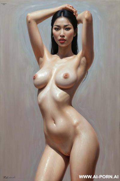 Hyperrealism painting: very beautiful sexy orgazm uzbek face, totally nude body. white skin. standing full-length view. holding his head with his one hand up. art. - ai-porn.ai on pornintellect.com