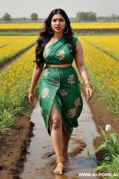 Bhumi pednekar, walking in a flower field on a mud road, hoop earrings - ai-porn.ai on pornintellect.com