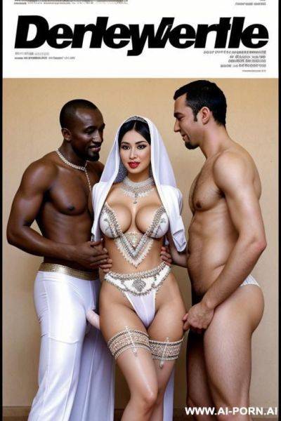 Beautiful uzbek milky-white skin woman dances with 2 african men with long penises. magazine cover. - ai-porn.ai on pornintellect.com
