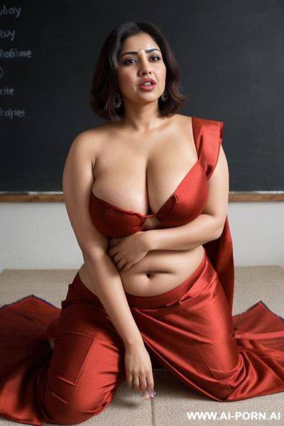 Showing belly, wearing red sari, wearing elries, good body details - ai-porn.ai on pornintellect.com