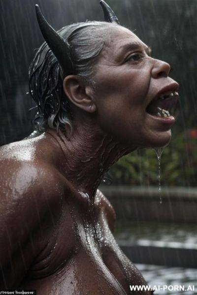 Downpour (raining very heavily, like a wall of water).two characters on the image. character a: very big (((monster!))) (fantastic looking creature) (terrible monster looks like devil) stands in - ai-porn.ai on pornintellect.com