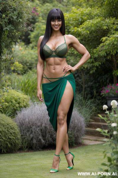 Indian, pony bangs, fit, abs, muscular arms, big ass, tall, long legs, navel piercing, green bra, green pleat skirt, looking at camera, full body, stiletto, in garden - ai-porn.ai on pornintellect.com