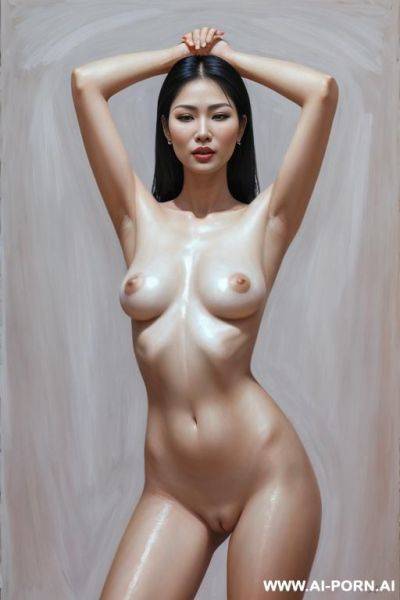 Hyperrealism painting: very beautiful sexy orgazm uzbek face, totally nude body. white skin. standing full-length view. holding his head with his hands up. art. - ai-porn.ai on pornintellect.com