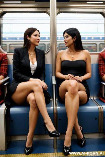 Woman, sitting in the train compartment, legs over each other, looking in the direction of the viewer. - ai-porn.ai on pornintellect.com