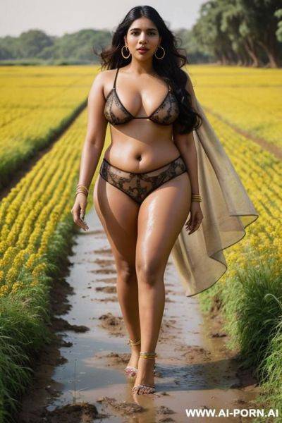 Bhumi pednekar, walking in a flower field on a mud road, hoop earrings - ai-porn.ai on pornintellect.com