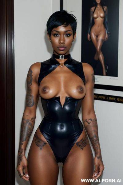 A naked dark-skinned muscular policewoman with short white hair, a body covered in vulgar inscriptions and sprayed with white liquid in a collar, lies in tears with a lost look in full growth - ai-porn.ai on pornintellect.com