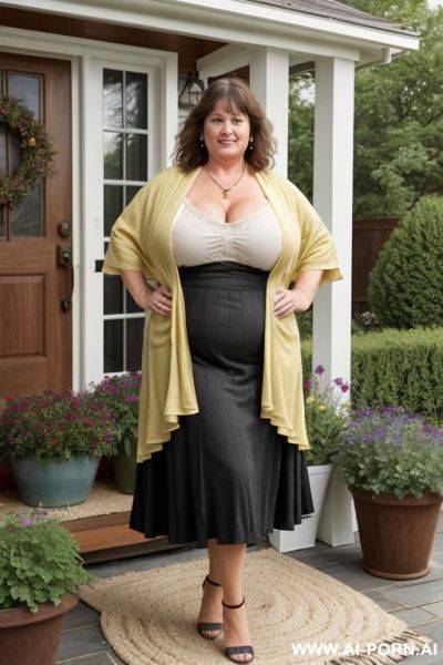 Thick legs, beautifull legs, (((full body))), (((extremely long messy hair))), huge fake tits, thick arms, shapely arms, ((massive fat breasts)), smiling, necklace, wearing a yellow kimono, (((full legs visible))) - ai-porn.ai on pornintellect.com