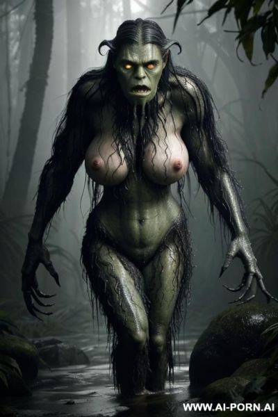 A full-body cinematic shot of an older woman with a mature, expressive face, streaks of grey in her wet tangled hair, wearing soaked, torn jungle clog that reveals much of her body. she is - ai-porn.ai on pornintellect.com