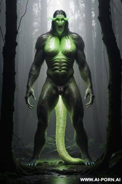 A cinematic full-body shot of (((two!))) distinct figures is in a dense tropical rainforest during a heavy downpour. one is a mature human woman with a weathered, extremely giant boobs (oversized - ai-porn.ai on pornintellect.com