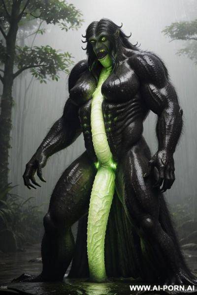 A cinematic full-body shot of two distinct figures is in a dense tropical rainforest during a heavy downpour. one is a mature human woman with a weathered, extremely giant boobs (oversized - ai-porn.ai on pornintellect.com
