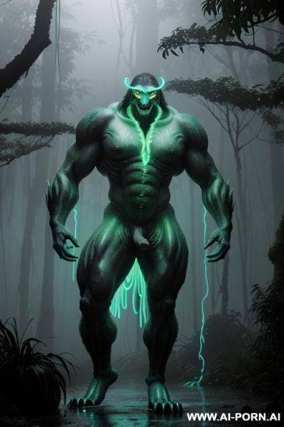 A cinematic full-body shot of two distinct figures standing in a dense tropical rainforest during a heavy downpour. one is a mature human woman with a weathered, extremely giant boobs, expressive - ai-porn.ai on pornintellect.com