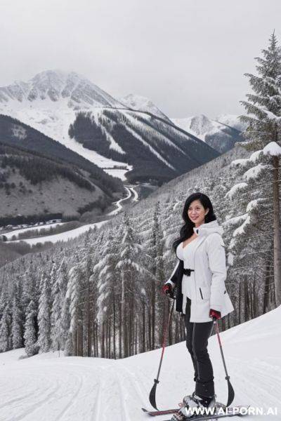Realistic, beautiful, pretty face, chinese, caucasian, 30, wavy flowing hair, black hair, athletic body, white skin, natural boobs, slight smile, makeup, blusher, eye shw, standing, naked, spreading legs, showing pussy, pubic hair, camping background. - ai-porn.ai on pornintellect.com