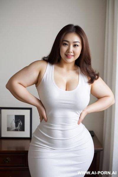 A full body shot from front of a stunningly beautiful woman standing in a bedroom wearing a short sleeved white office shirt, large eyes, perky gaze, (((thick arms))), (((huge arms))), (((massive arms))), (((voluptuous arms))), (muscles) - ai-porn.ai on pornintellect.com