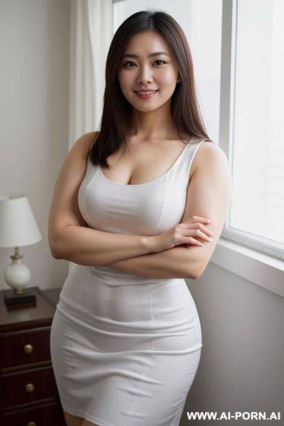 A full body shot from front of a stunningly beautiful woman standing in a bedroom wearing a short sleeved white office shirt, large eyes, perky gaze, (((huge arms))), (((massive arms))), ((voluptuous arms)) - ai-porn.ai on pornintellect.com