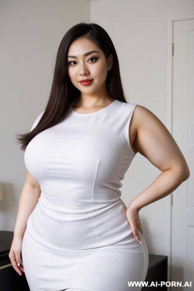A full body shot from front of a stunningly beautiful woman standing in a bedroom wearing a short sleeved white office shirt, large eyes, perky gaze, (((huge arms))), (((massive arms))), (((voluptuous arms))), muscles - ai-porn.ai on pornintellect.com
