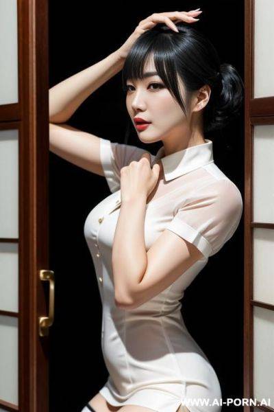 G罩杯美女 穿着ol性感制服 吊带袜 在办公桌上坐着 红底高跟 全身照 写实风 长相与冲田杏梨相似 - ai-porn.ai on pornintellect.com