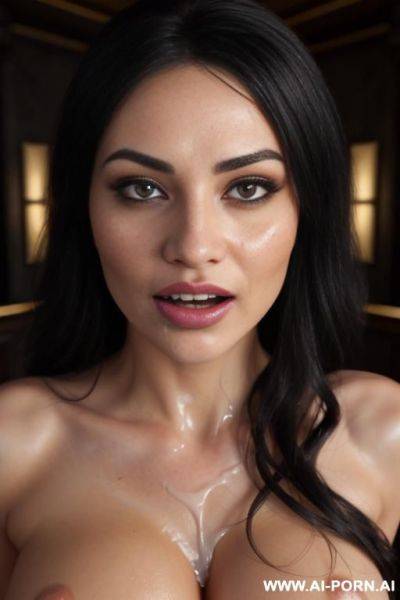 A beautiful succubus with flowing black hair and golden eyes, bat wings, her flawless figure accentuated by her red skin, playfully sticking her pointy tongue out, covered in cum, set against a - ai-porn.ai on pornintellect.com