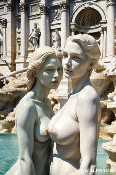 Hyperrealism painting. vwhite color sculpture of a naked couple. realistic, very beautiful face. wull body wiew. trevi fountain in the background. - ai-porn.ai on pornintellect.com