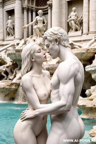 White color sculpture of a naked couple. realistic, very beautiful face. wull body wiew. trevi fountain in the background. - ai-porn.ai on pornintellect.com