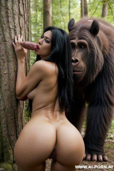 Zoophilia (mating with animals), woman is on all fours pose, woman mating with a big yeti (realistic bigfoot male), big yeti (realistic bigfoot male) fucks woman in normal animal position (from - ai-porn.ai on pornintellect.com