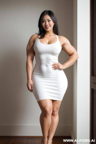 A full body shot from front of a stunningly beautiful woman, standing wide-legged, standing wide-legged, standing wide-legged, standing wide-legged, wearing a white sleeveless dress, large eyes, big - ai-porn.ai on pornintellect.com