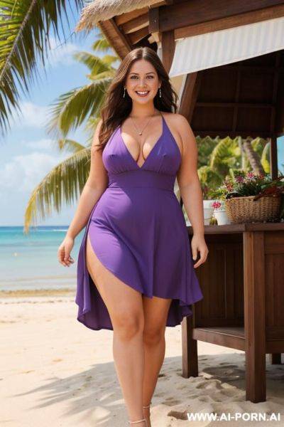 Chubby woman, full body, standing, long brown hair, big smile, triangular hips, thick thighs, wearing low-cut violet dress with white leaves in front of kiosk on the beach - ai-porn.ai on pornintellect.com