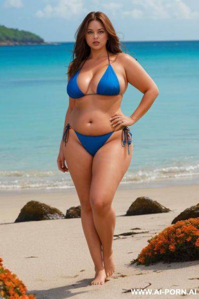 Chubby woman, full body, standing, long brown hair, triangular hips, thick thighs, wearing a blue bikini with orange flowers, deserted beach - ai-porn.ai on pornintellect.com