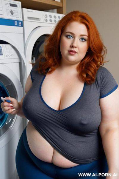 Half-length photo, ((half body photo shot close up)). as a set in the laundry area, a (((obese))) fat chubby fat thick and bbw redhead british, ((she is washing clothes)). she has lovehandless. - ai-porn.ai on pornintellect.com
