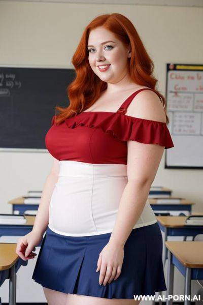 Close up full body photo shot, about at classroom, chubby very obese redhead fat bbw curvy teacher, wearing a sexy and hot micro red ruffle skirt, and elegant top, teaching to the classroom. - ai-porn.ai on pornintellect.com