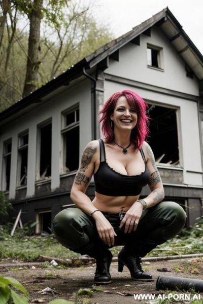 German female punk squatting in underbrush in front of ruined house, smiling, pants side-view, - ai-porn.ai on pornintellect.com