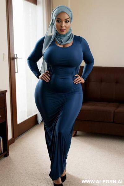 A woman with a big ass, wide hips, and large, massive breasts. she is wearing a hijab that covers her body down to the floor - ai-porn.ai on pornintellect.com