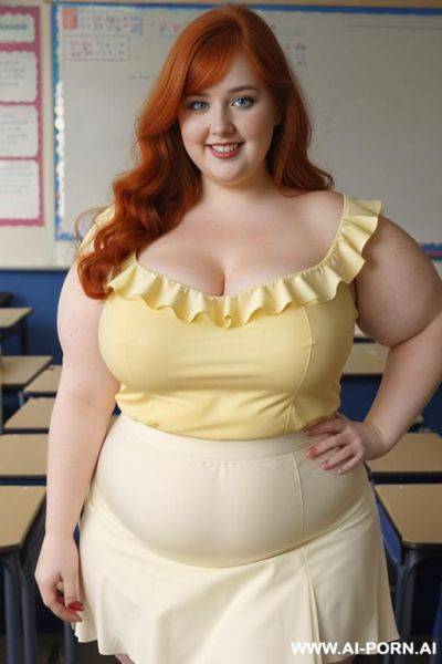 Close up full body photo shot, about at classroom, chubby very ((obese)) redhead fat bbw curvy teacher, wearing a sexy and hot micro yellow ruffle skirt, and elegant top, teaching to the classroom. - ai-porn.ai on pornintellect.com