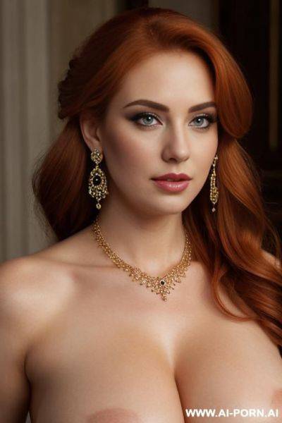 Realistic, beautiful face, sexy body, perfect huge breasts, makeup, updo hair, naked woman. necklace, earrings, long voluminous hair - ai-porn.ai on pornintellect.com