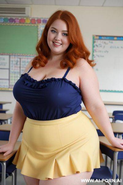 Close up full body photo shot, about at classroom, chubby very ((obese)) redhead fat bbw curvy teacher, wearing a sexy and hot micro yellow ruffle skirt, and elegant top, teaching to the classroom. - ai-porn.ai on pornintellect.com