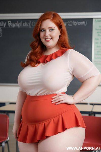 Close up full body photo shot, about at classroom, chubby very ((obese)) redhead fat bbw curvy teacher, wearing a sexy and hot micro red ruffle skirt, and elegant top, teaching to the classroom. - ai-porn.ai on pornintellect.com
