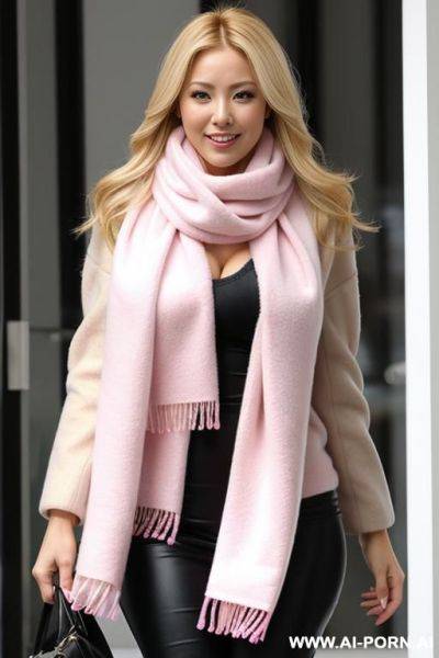 Blonde mommy hourglass body full shot giant pink fluffy scarf - ai-porn.ai on pornintellect.com