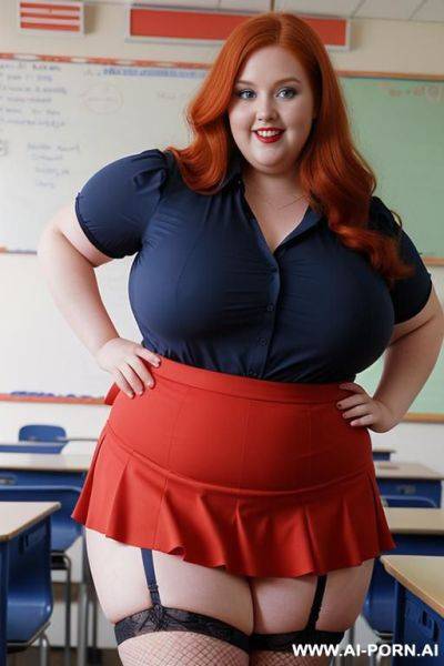 Close up full body photo shot, about at classroom, chubby very ((very obese)) redhead fat bbw curvy teacher, wearing a sexy and hot micro red ruffle skirt, and elegant micro top, wearing stockings fishnet, teaching to the classroom. - ai-porn.ai on pornintellect.com